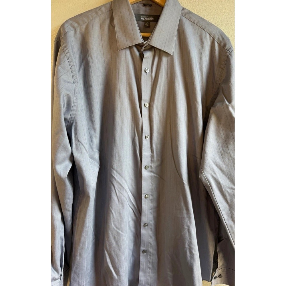 Kenneth Cole Reaction Men's 17 36-37 Gray Striped Cotton Wrinkle Free Shirt
